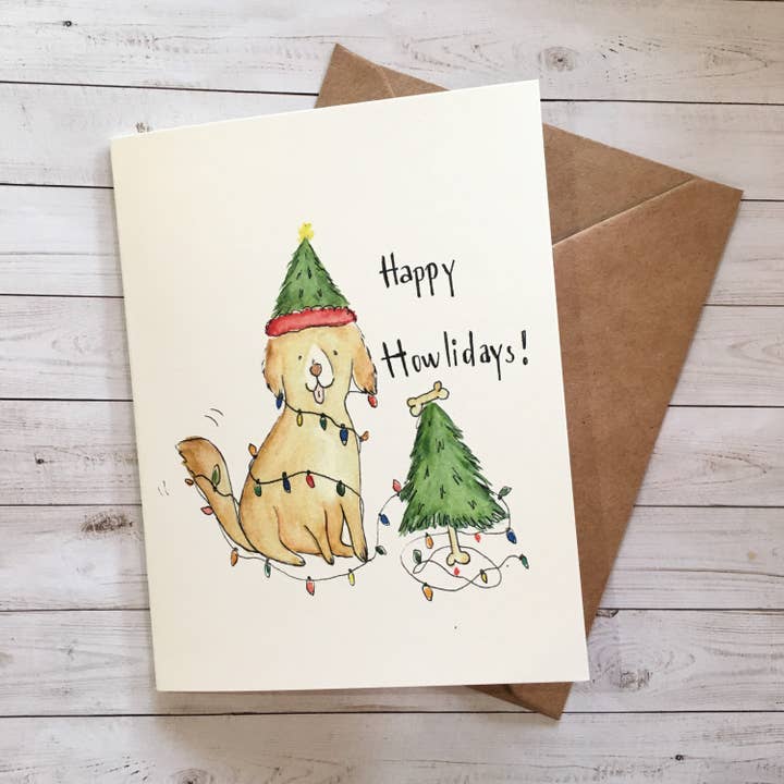 Happy Howlidays, Christmas Dog card for wholesale by LittleThaoStudio