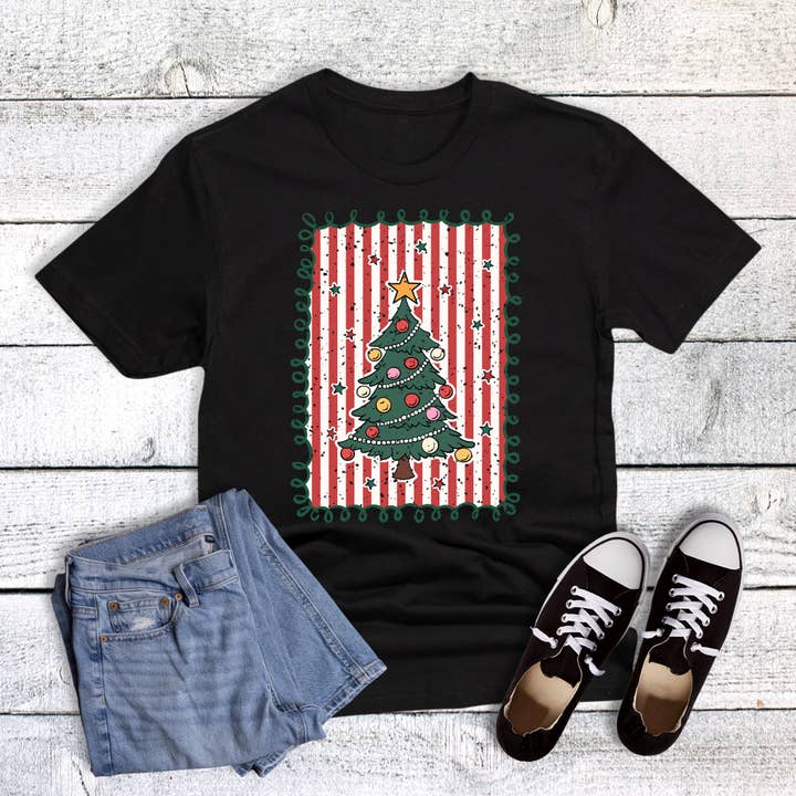 Retro Curly Striped Christmas Tree Graphic Tee for wholesale by Rebel Rose