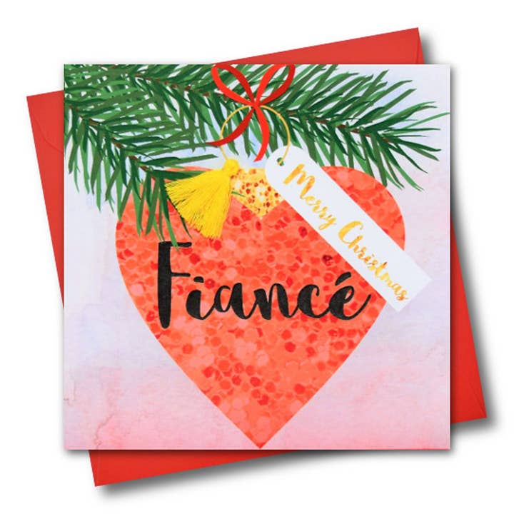 Christmas Card, Bauble, Merry Christmas, Fiance, Tassel Embellished for wholesale by Claire Giles Ltd