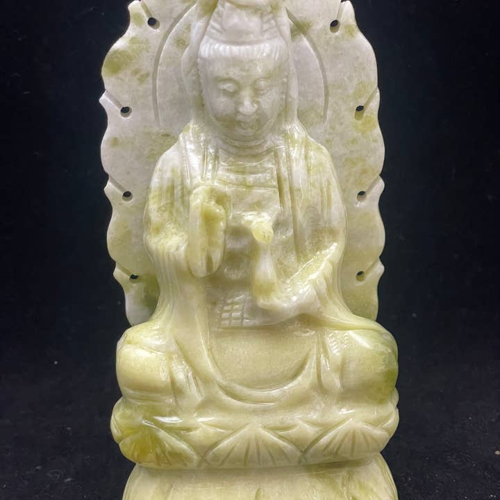 The 7 Directions - Wholesale Sculpture - 6" Serpentine Guan Yin on Lotus carving F35A