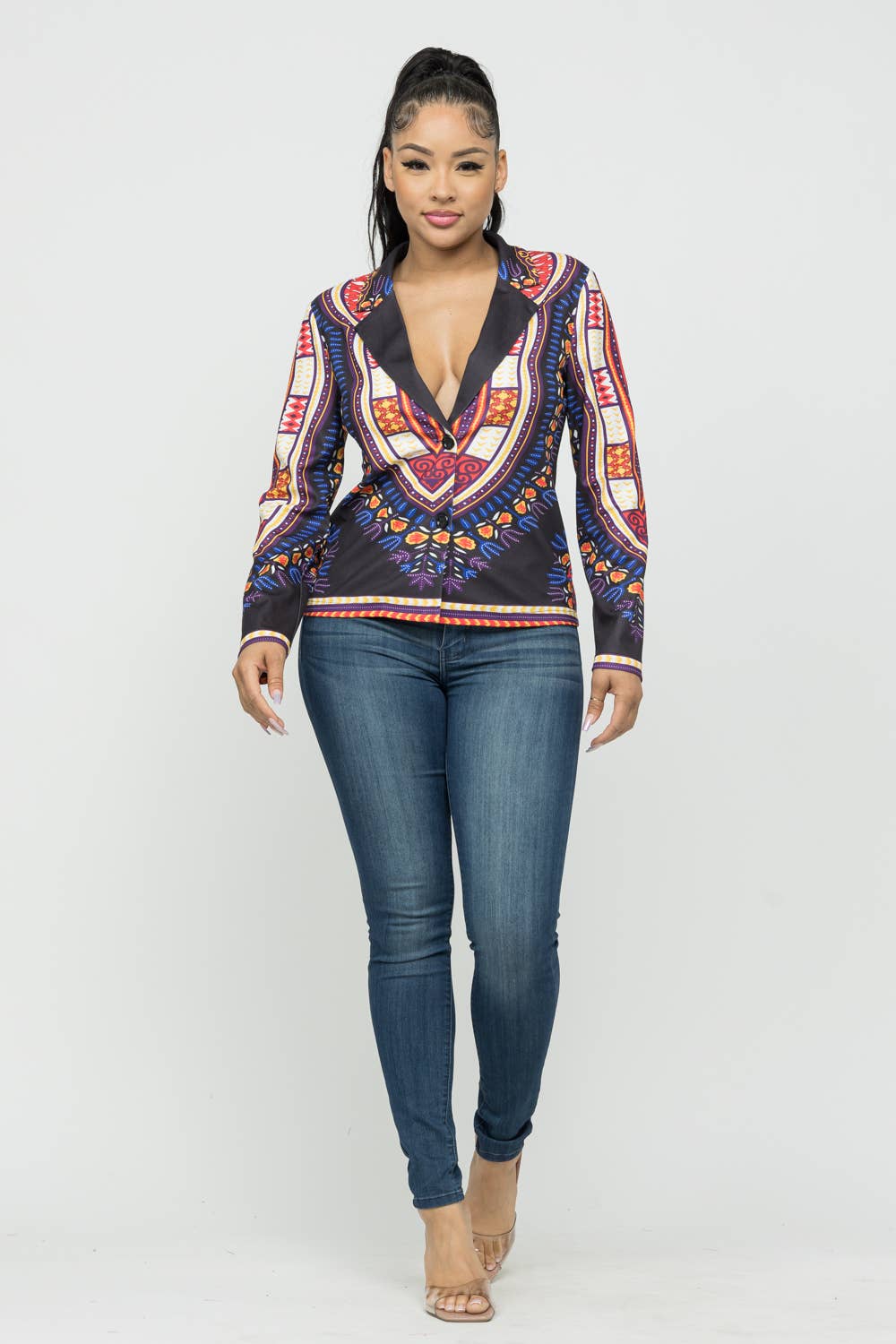 Black Multi Dashiki Print Functional Button Collared Blazer for wholesale on Faire4