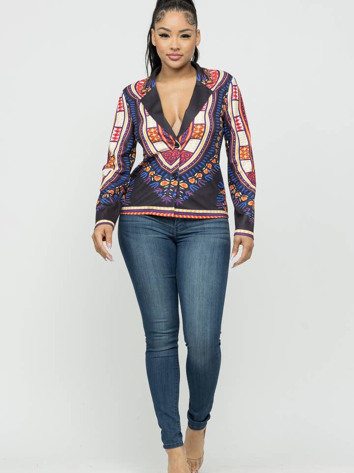 Black Multi Dashiki Print Functional Button Collared Blazer for wholesale on Faire4