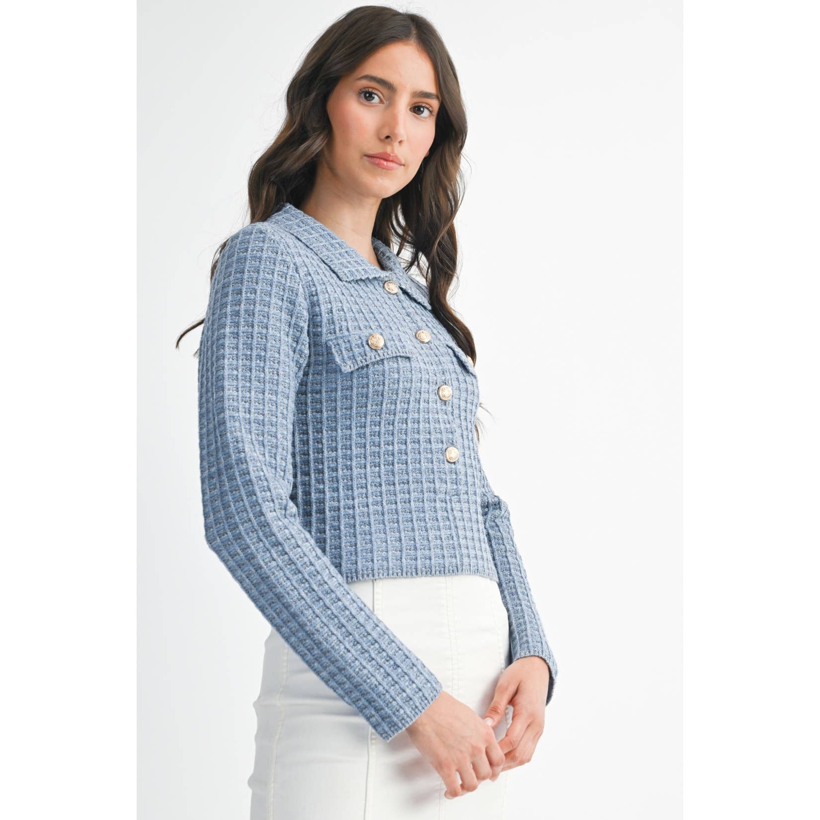 SKYBLUE RIBBED KNIT CARDIGAN WITH GOLD BUTTON ACCENTS for wholesale on Faire5