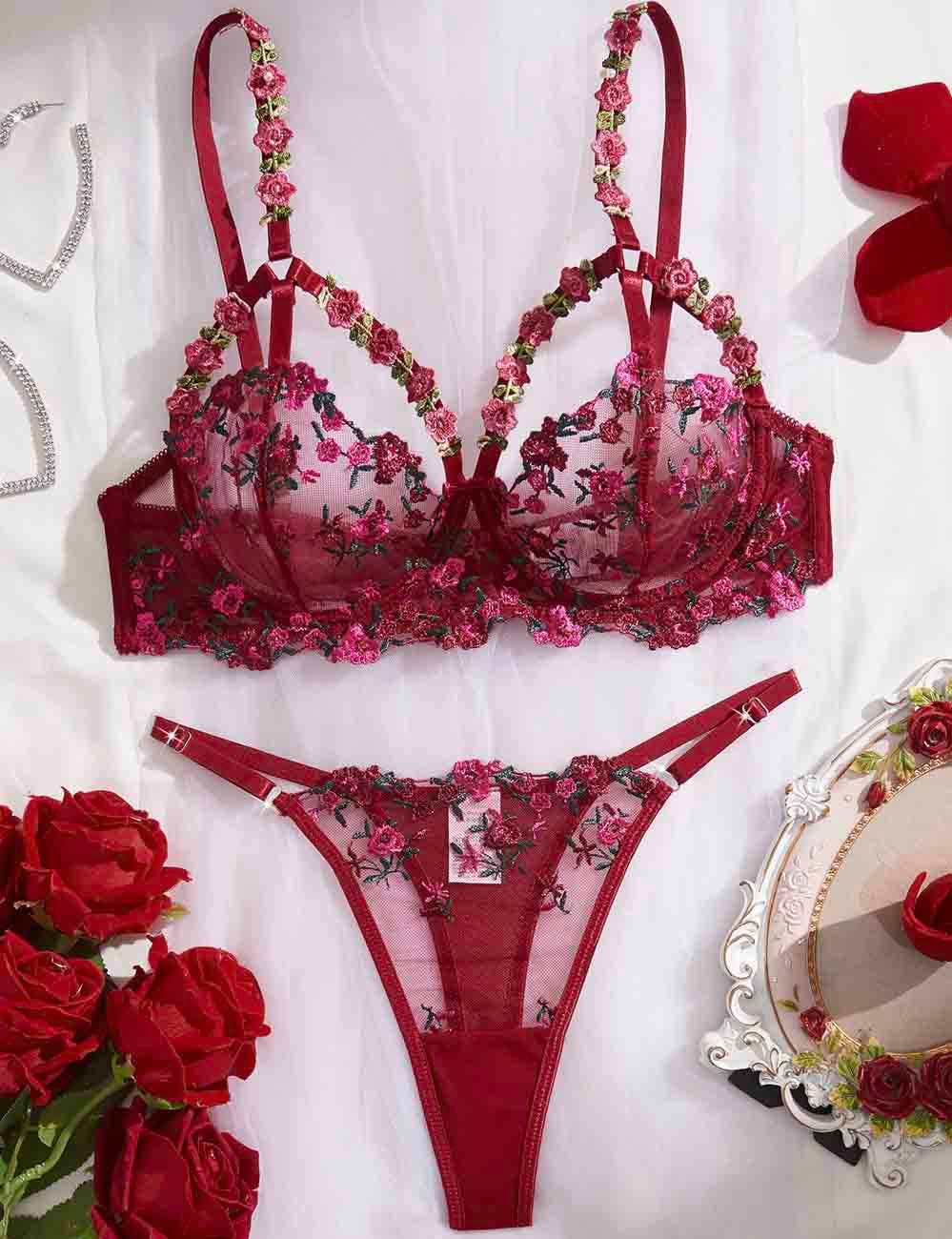 Wine Ladies Floral Embroidery See Through 2PCS Lingerie Set XX0226 for wholesale on Faire0