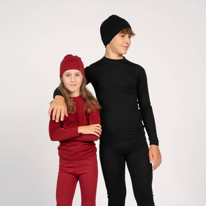 menique - Wholesale Top & Pant Set - Kids - Midweight Thermal Merino Long Sleeve Top & Pants Cherry Red