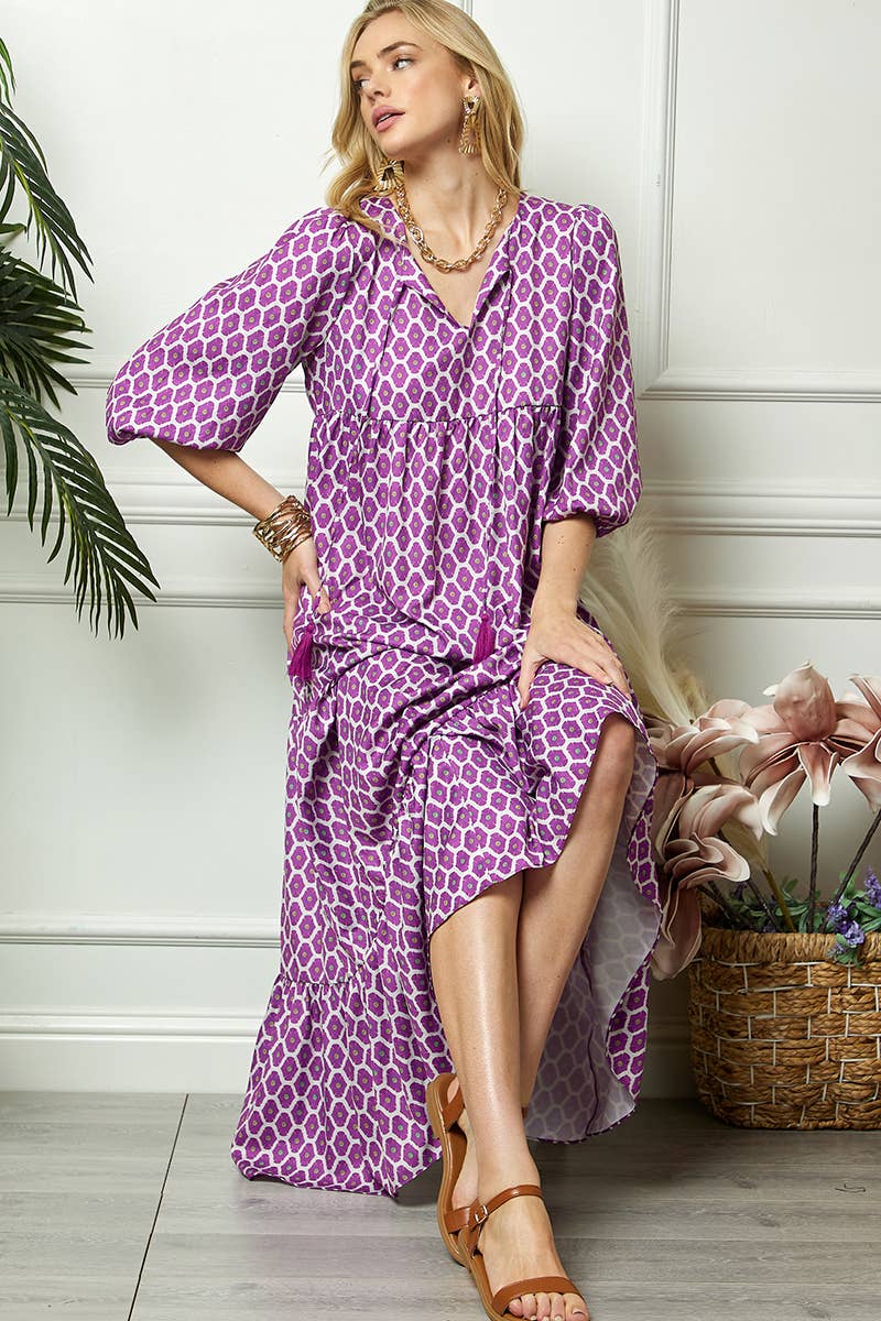 Purple Print Three Quarter Puff Sleeve Maxi Dress for wholesale on Faire