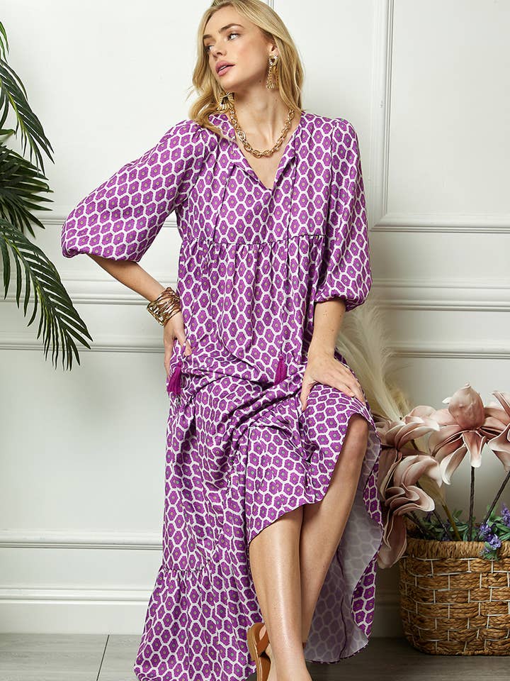 Purple Print Three Quarter Puff Sleeve Maxi Dress for wholesale on Faire0