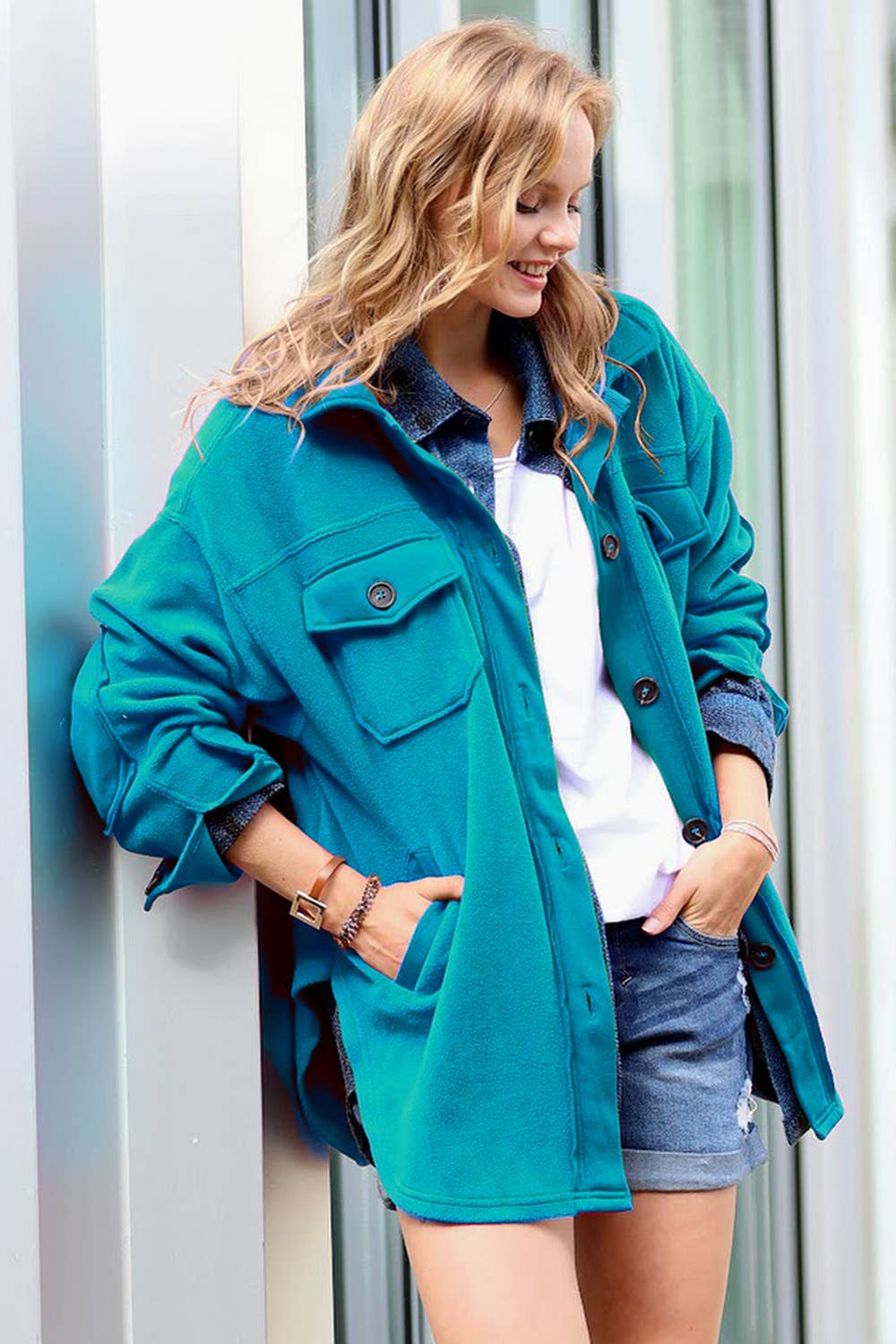 42POPS – Casaco camiseiro – Mulher por atacado – Sobrecamisa de Lã Sobredimensionada c/ remendo no cotovelo16