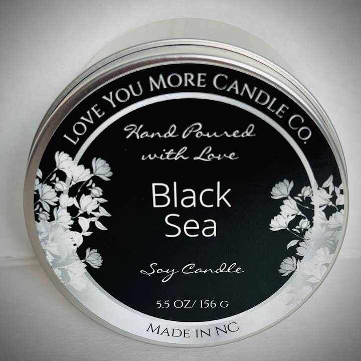 Black Sea soy candle 8 oz tin for wholesale by Love You More Candle Company