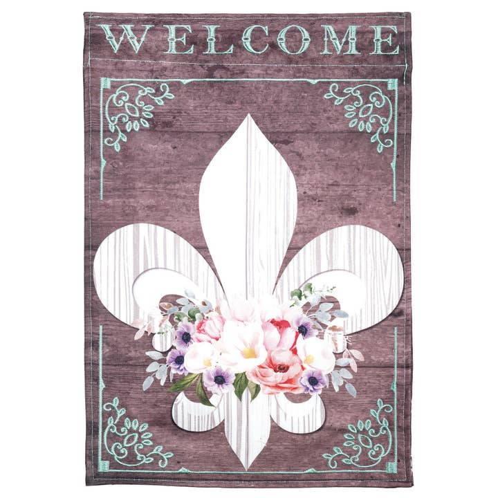 WELCOME FLEUR DE LIS APPLIQUE GARDEN FLAG for wholesale by Magnolia