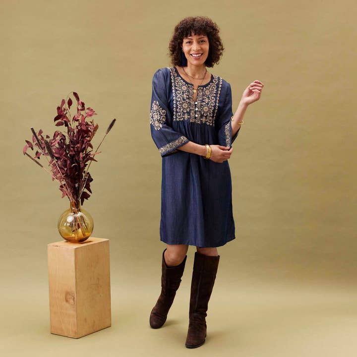 rockflowerpaper - Wholesale Dress - Women's - DENIM TENCEL Dress with Tan Embroidery