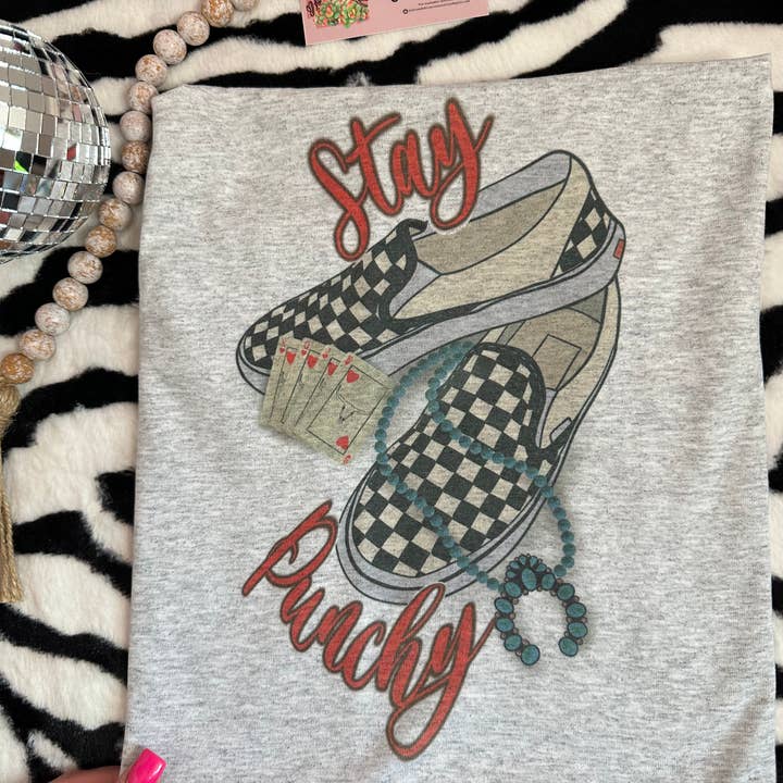 Stay Cowboy Checkered Tee - Light Gray for wholesale by The Branded Blue Roan