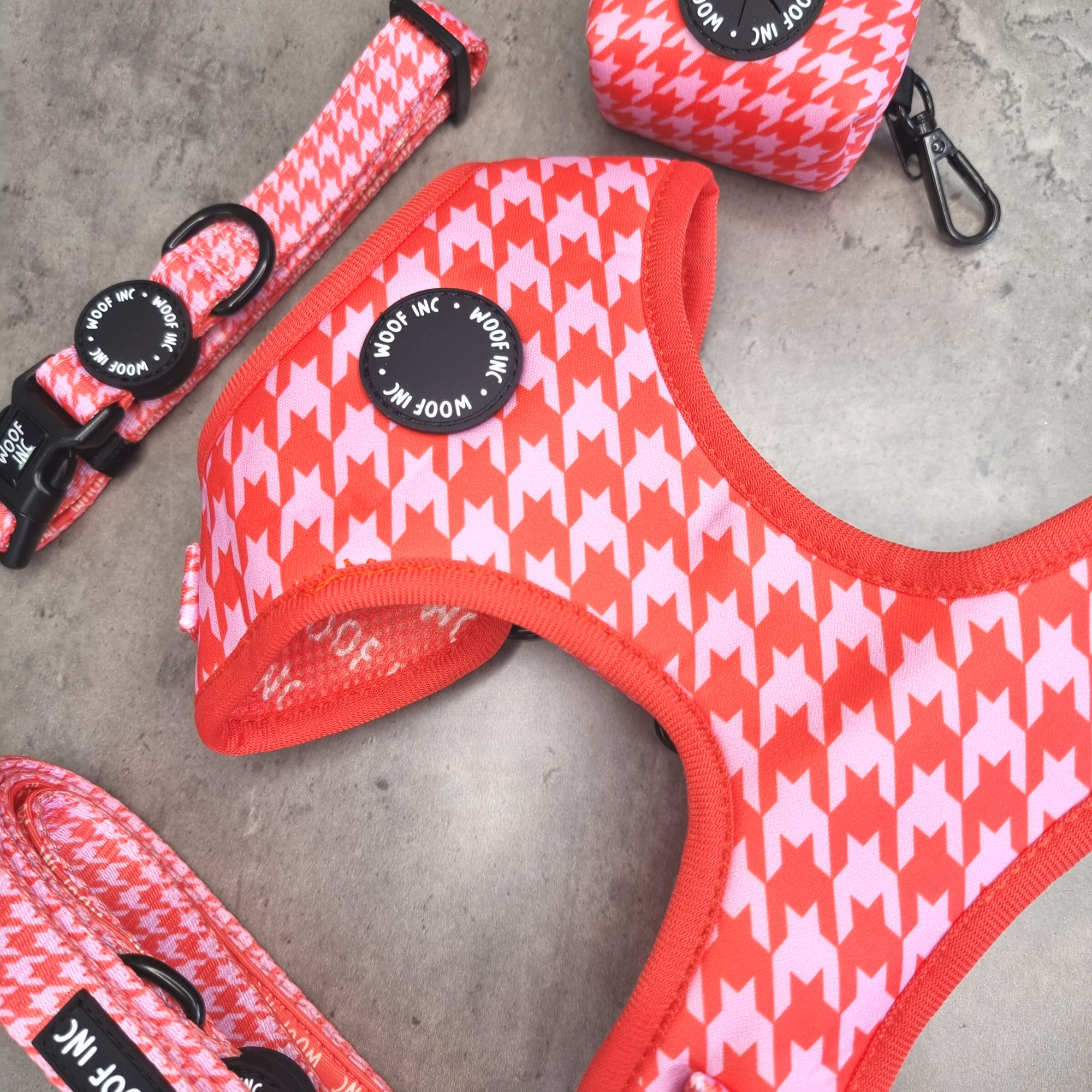 WOOF INC - Wholesale Pet Harness - Dog - Red & Pink Houndstooth Adjustable Dog Harness7
