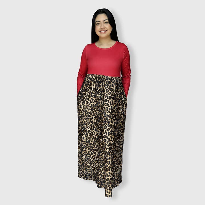 ILTEX Apparel - Wholesale Dress - Women's - Cheetah Red Long Sleeve Maxi Dress Women1