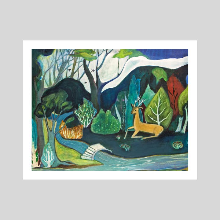 Art Print, Nature, Garden, Deer, Folk Art, Across the Bridge for wholesale by ANN WILLEY ARTS