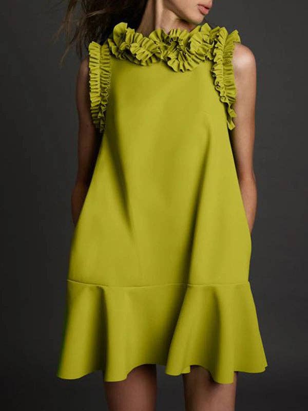 GREEN Solid Color Ruffle Sleeveless Mini Dress for wholesale on Faire0