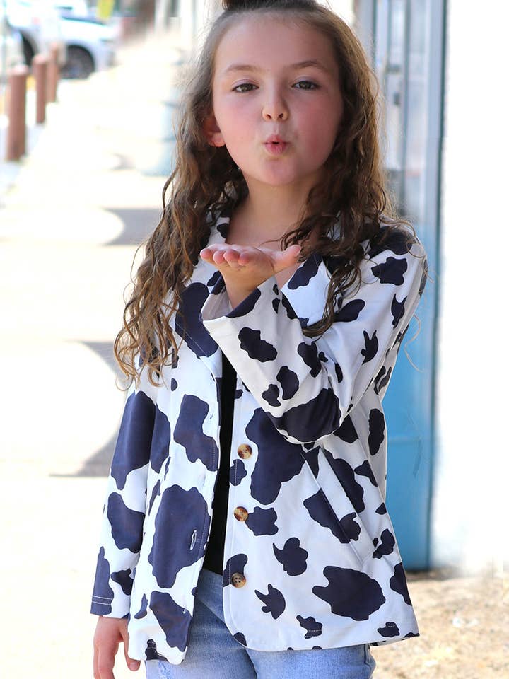Cow printed blazer with pockets. TPG15153003-jeann for wholesale by Kids Charm Online