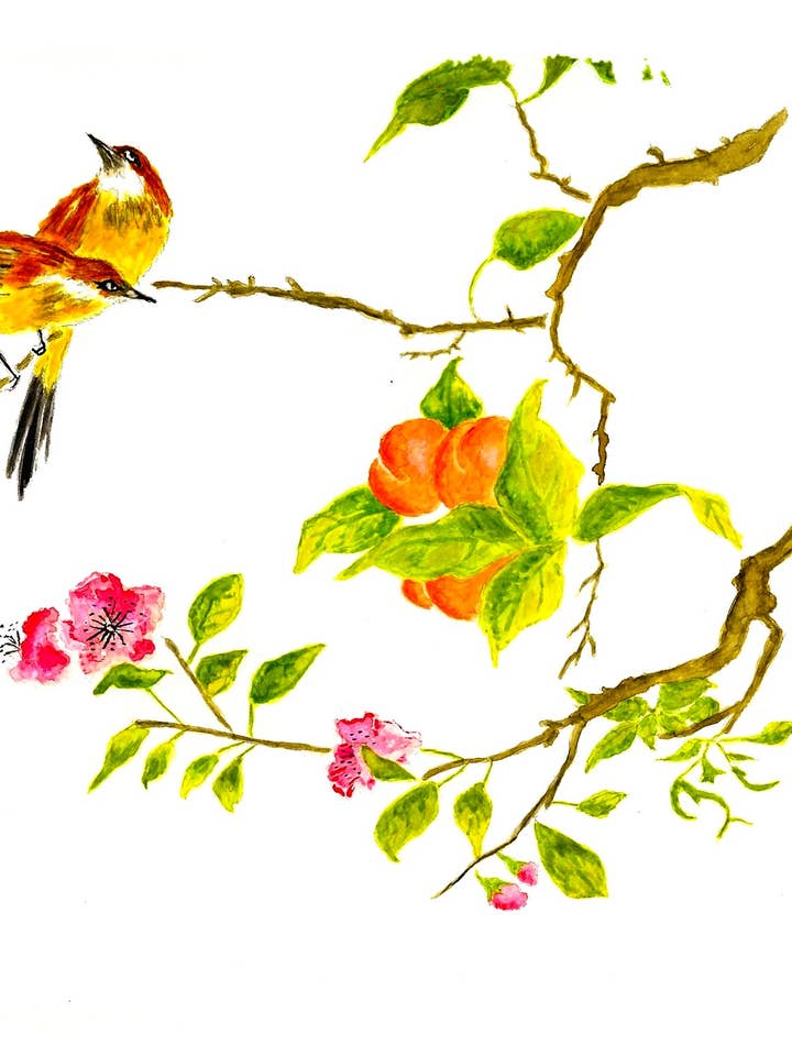 Tarjeta de felicitación de arte asiático (pájaros y flores) para venta al por mayor de Michael Vigliotti