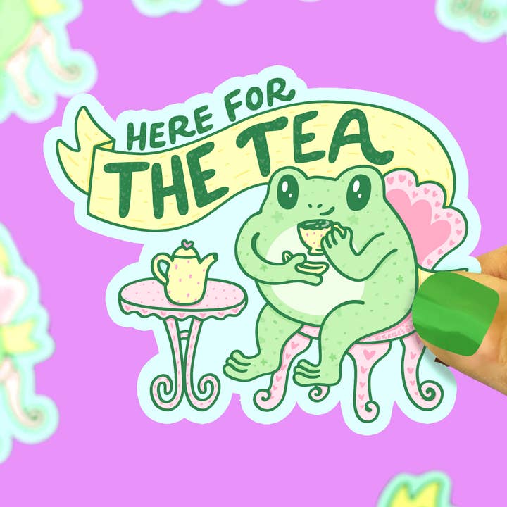 Here for the Tea Frog Gossip Laptop Decal Vinyl Sticker for wholesale by Turtle's Soup