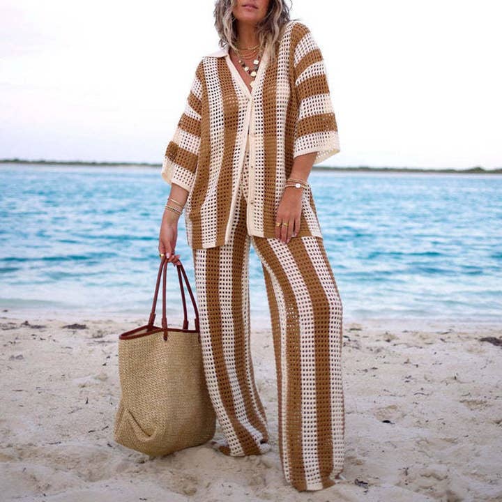 Little Trendy - Wholesale Swim Cover Up - Women's - Women Cover Up Sets Button Up Tops with Pants Crochet Set