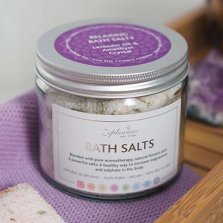 Sels de bain aromathérapie relaxants à l'huile de lavande pour la vente par Zephorium Soul Tonic