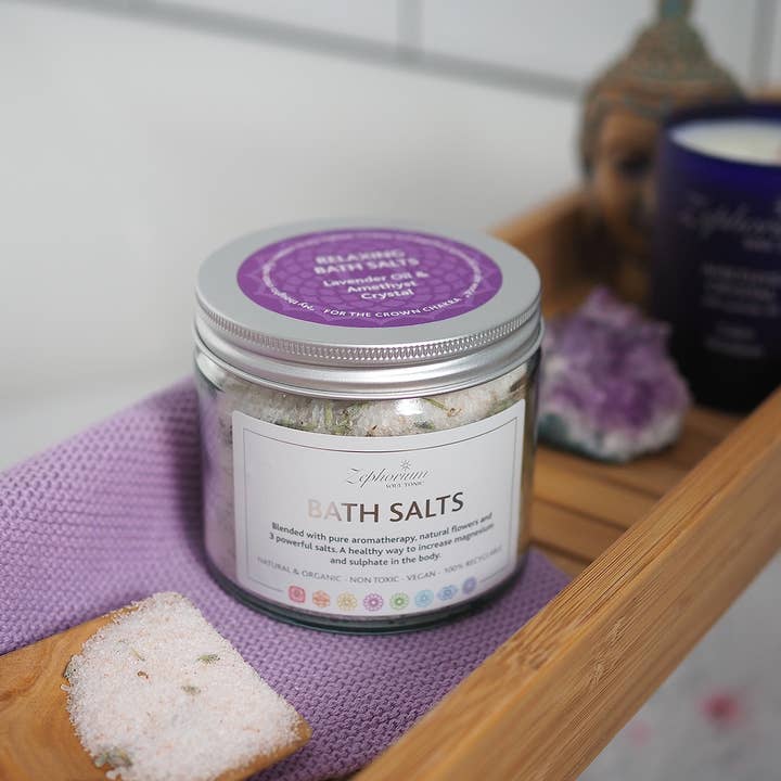 Sels de bain aromathérapie relaxants à l'huile de lavande pour la vente par Zephorium Soul Tonic