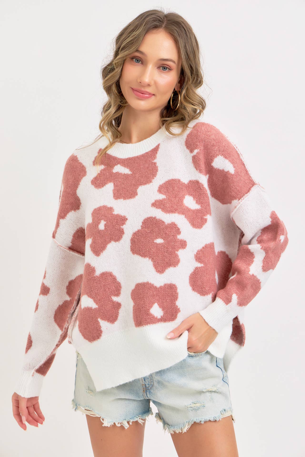 Sweet Lovely by Jen - Wholesale Knit Sweater - Women's - FLORAL LOOSE FIT SWEATER KNIT