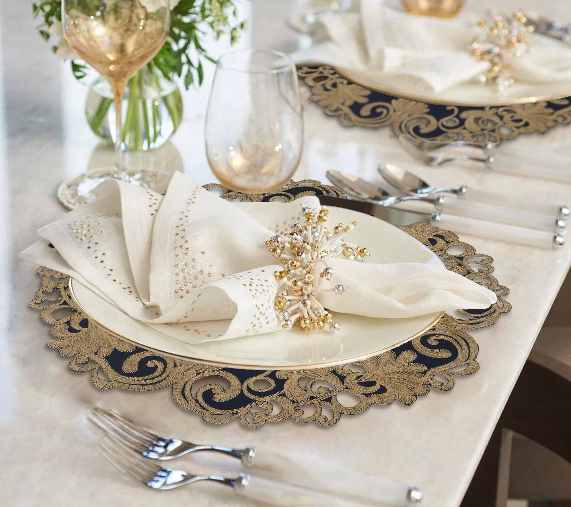 Decozen - Wholesale Placemat - Vintage Opulence – Gold Lace Blue Round Doilies, The Vintage Opulence Collection European Embroidery Décor 15 inch1