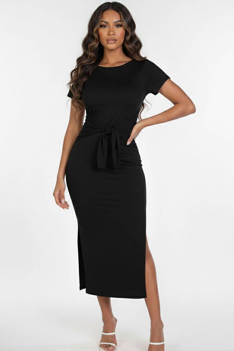 CAPELLA APPAREL - Wholesale Dress - Women's - Tie Front Short Sleeve Side Slit Dress0