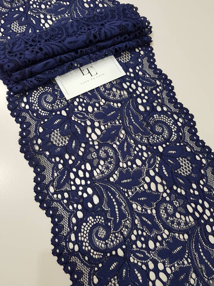 Blue Stretch Lace Trim Elastic Lace Bridal Lace for wholesale by Lace To Love