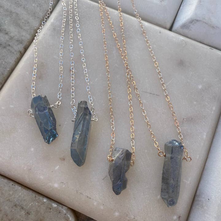Blue Electroplate Quartz on Fine Chain Necklace for wholesale by Plumage Jewelry