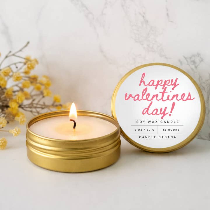 Happy Valentines Day 2 oz Travel Tin Candle–100% Natural Soy for wholesale by Candle Cabana