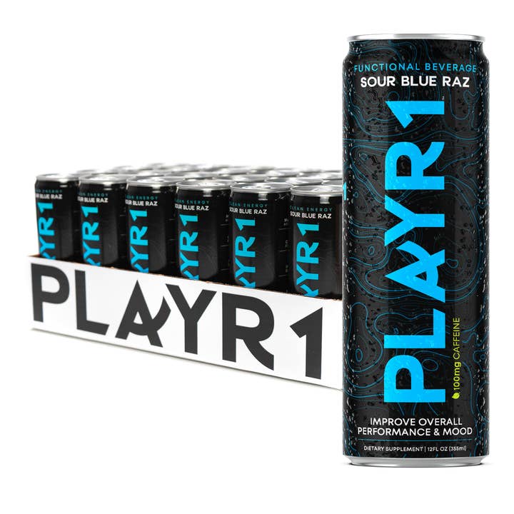 PLAYR1 Sour Blue Raz – Boisson Énergisante Propre 12oz (Pack de 24) pour la vente par PLAYR1