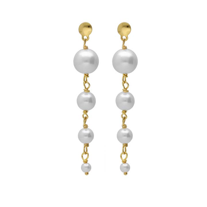 Aurore long pearl earrings in silver for wholesale by Victoria Cruz