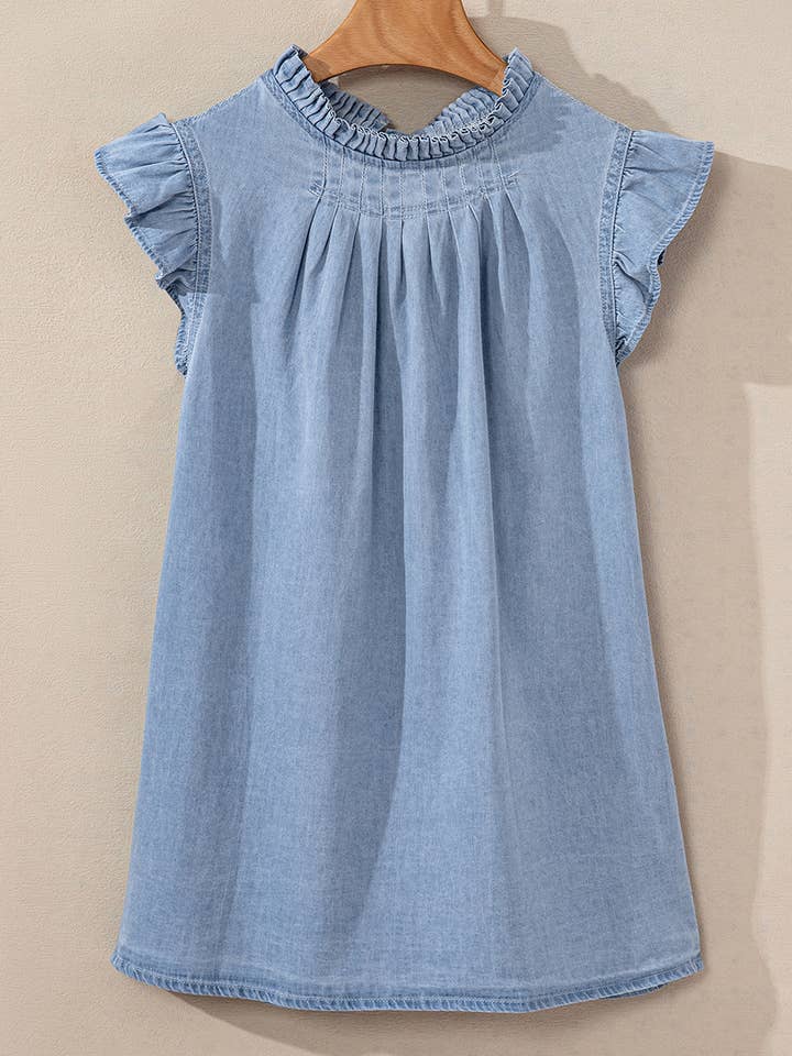 Blue Frilly Pleated Button Back Retro Chambray Top for wholesale on Faire3