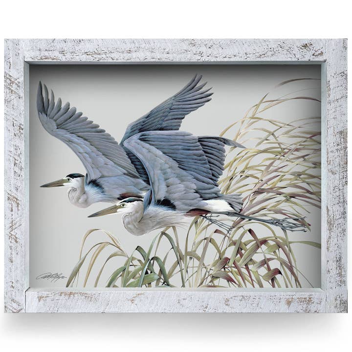 Herons in Flight | Real Wood Framed Wall Art Print | Art Lamay for wholesale by Mill Wood Art