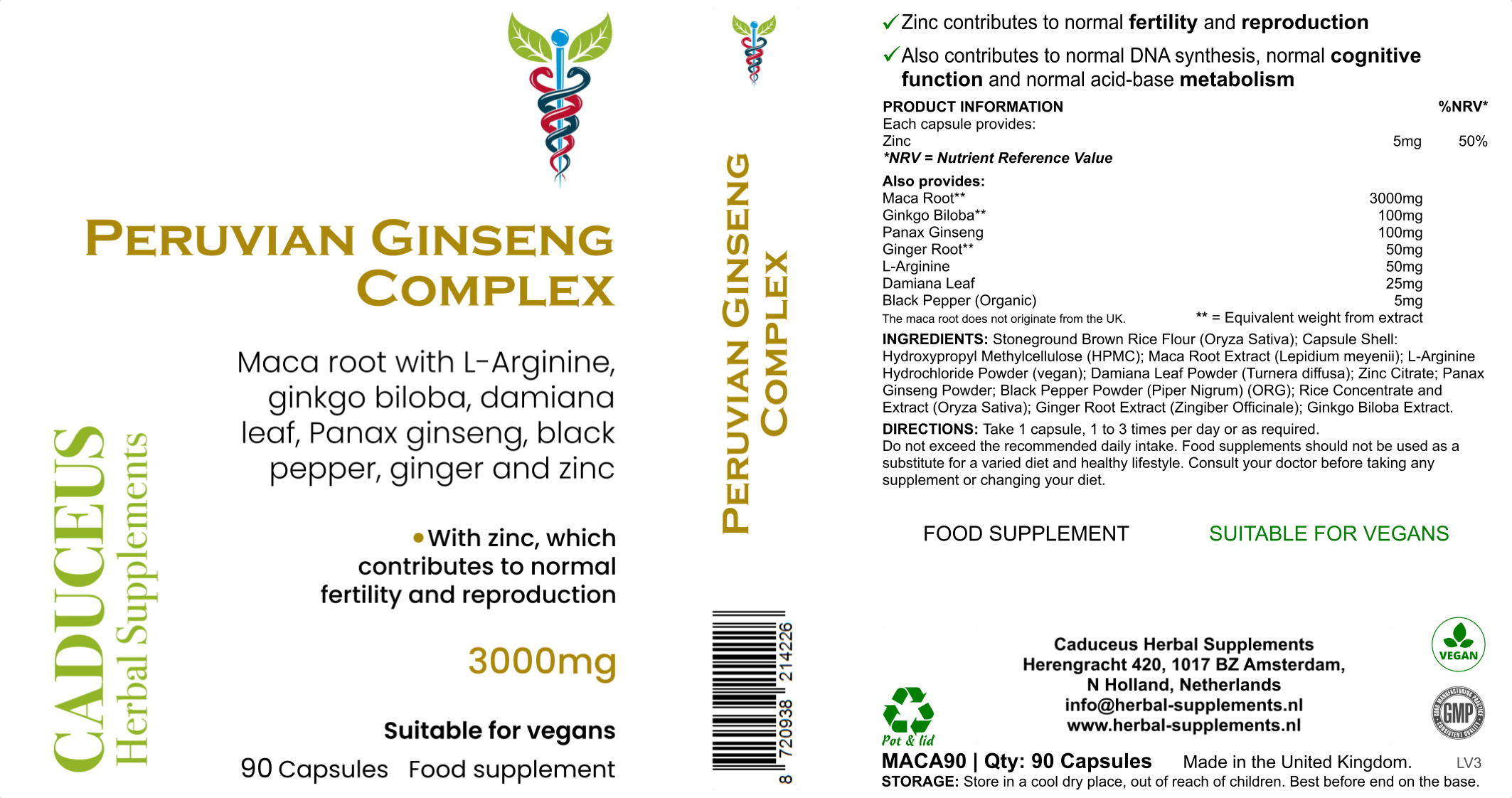 CADUCEUS kruidenapotheek - Vente Supplément oral/vitamine - Complexe de Ginseng Péruvien 90 capsules6