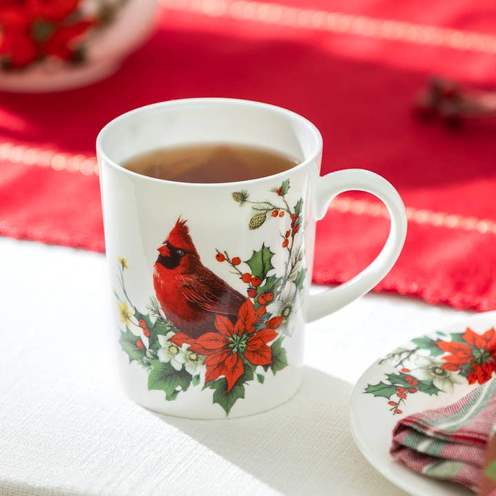 Cardinal Poinsettia 12oz Bone China Mug for wholesale by Grace Teaware