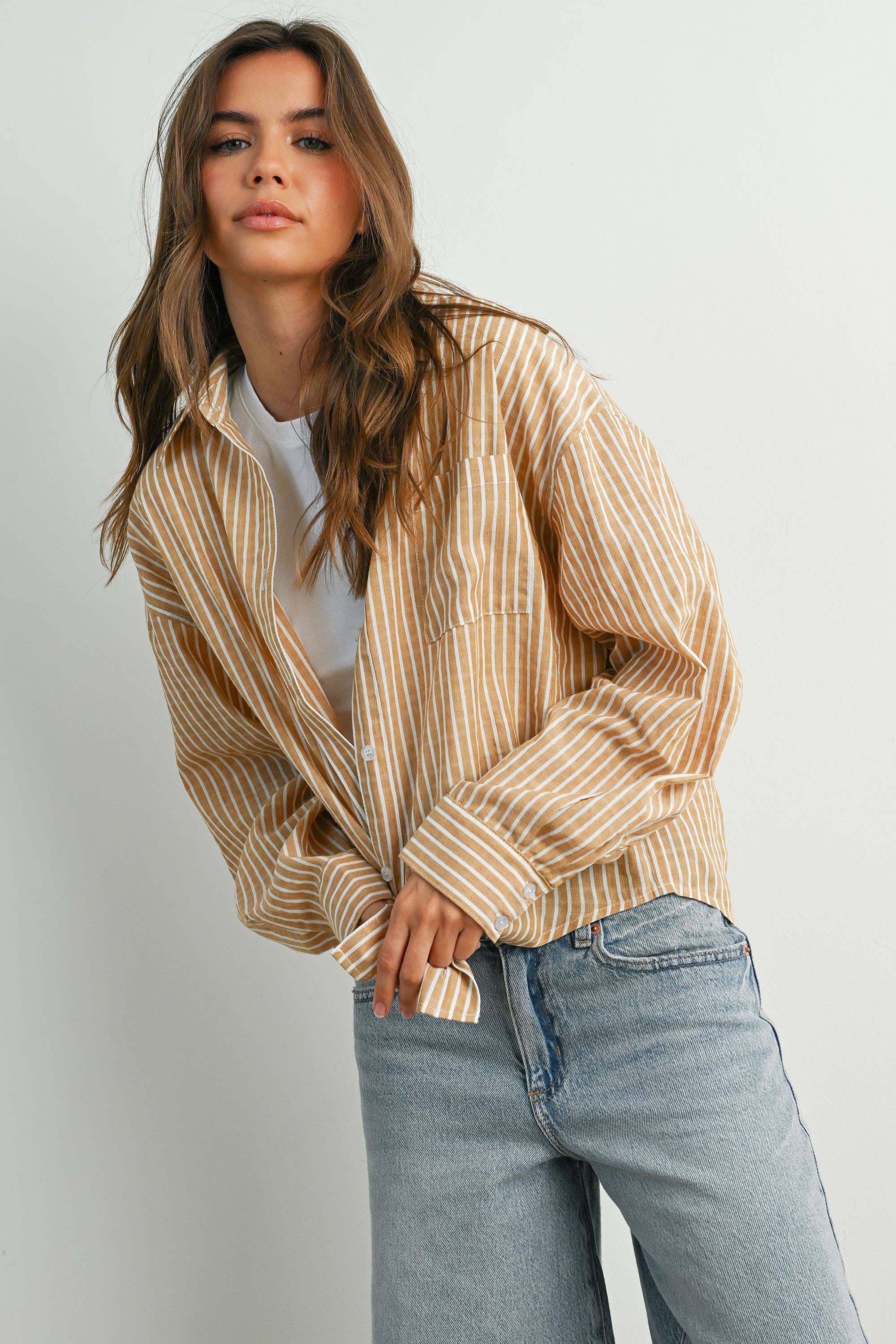 BUTTERMELON - Vente Chemise à col boutonné – femme - Haut à manches longues à rayures et col boutonné raccourci - BMT791518