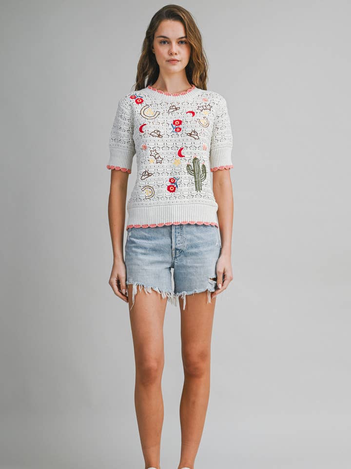 EW3008A Embroidered Western Motif Knit Top for wholesale by Le Cliche