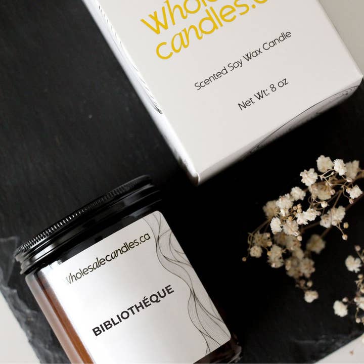 Wholesale Candles - Wholesale Jar/Filled Candle - Bibliothèque | 8 oz Wholesale Amber Candles