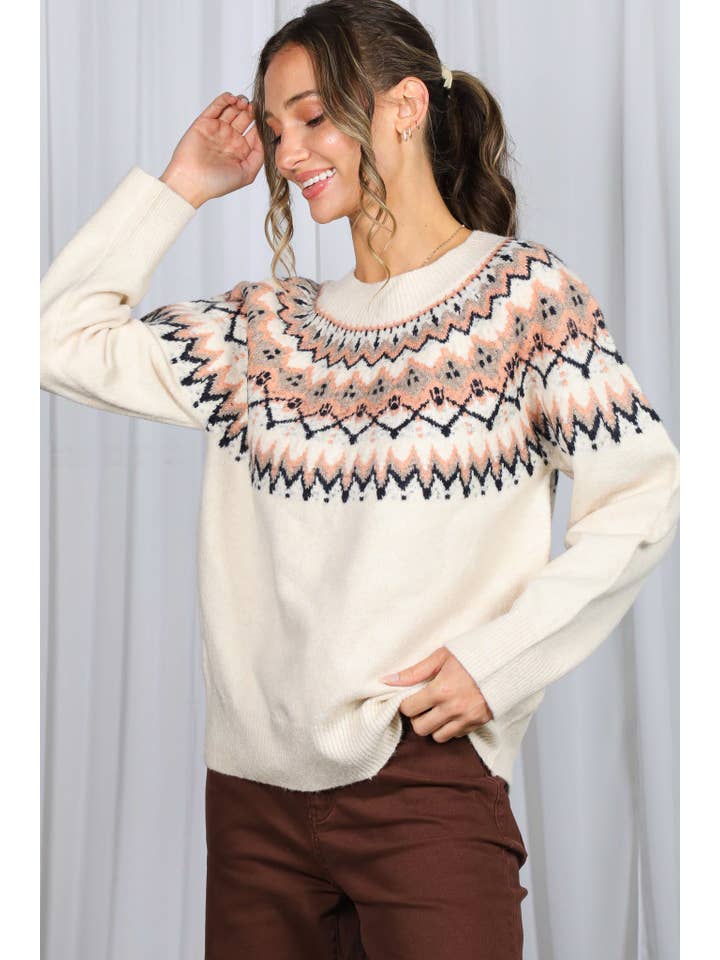 Cream Multi Fair Isle Embellished Pullover Knitted Sweater VT82602 for wholesale on Faire4