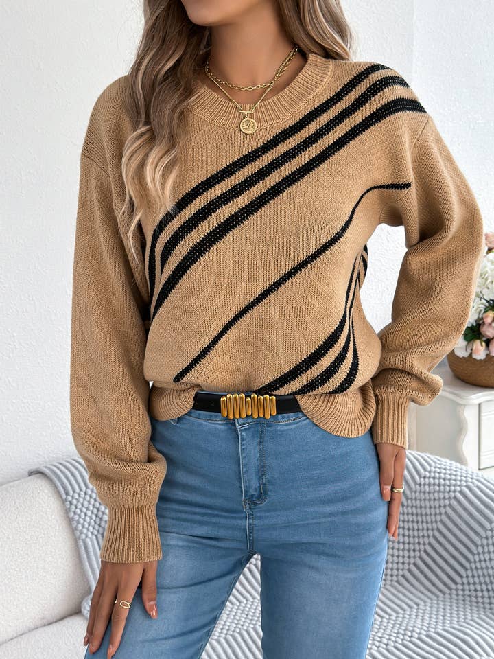 Svelte Seduction - Wholesale Knitted jumper – Women′s - Women Clothing Autumn Winter Casual Striped round Neck Lantern Long Sleeve Pullover2