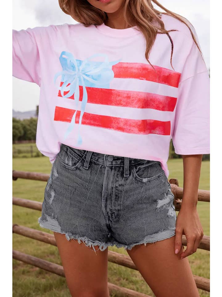 fashionworks - Wholesale T-Shirt - Women's - Fashion-W Flag Bow Graphic Crewneck Tee
