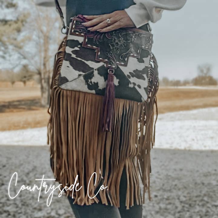 Fort Worth Tooled Leather Cowhide Crossbody, Shoulder Bag for wholesale by Countryside Co.