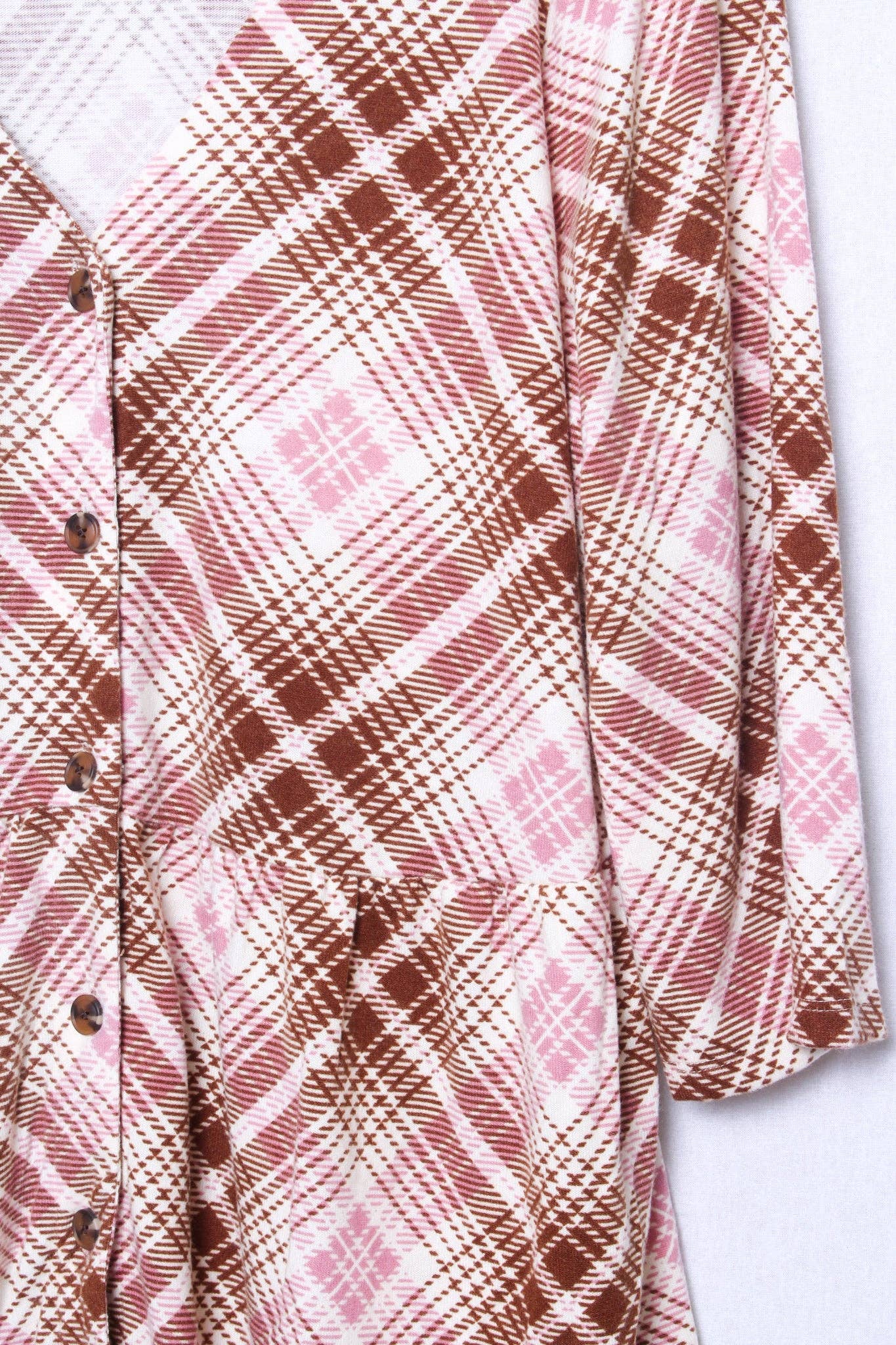 Good Stuff Apparel - Wholesale Blouse - Women's - Women's Plus Size 3/4 Sleeves Button Font Peplum Plaid Top1