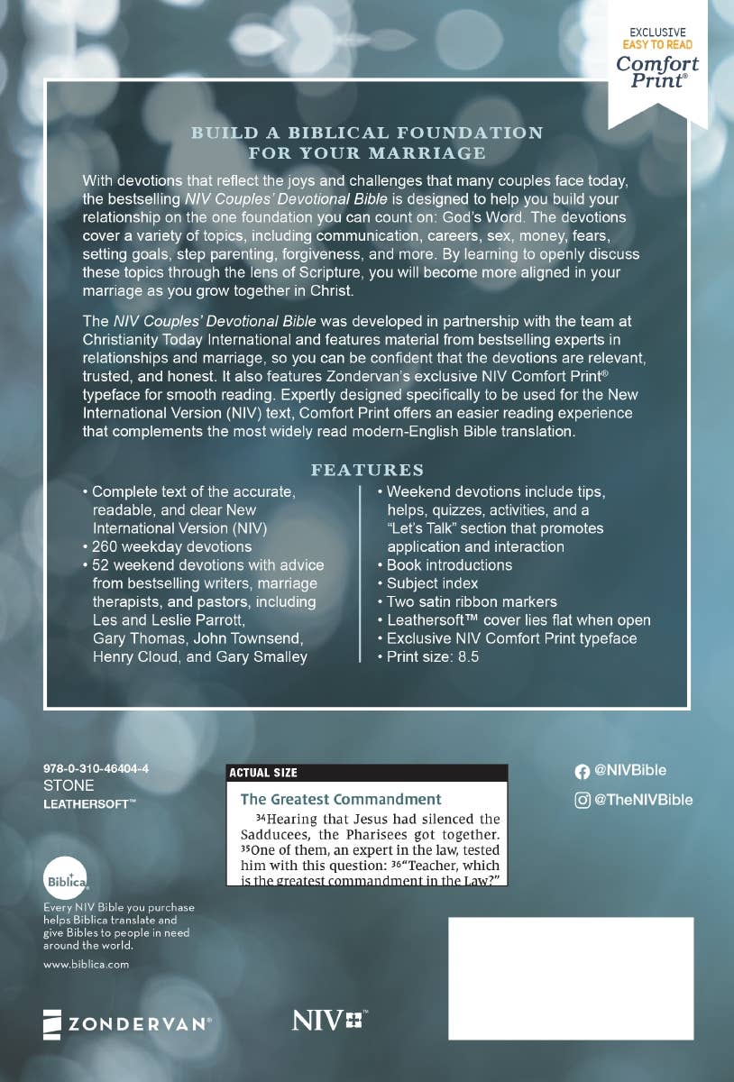 HarperCollins Christian Publishing - Wholesale Religion - NIV Couples' Devotional Bible Leathersoft, Stone14