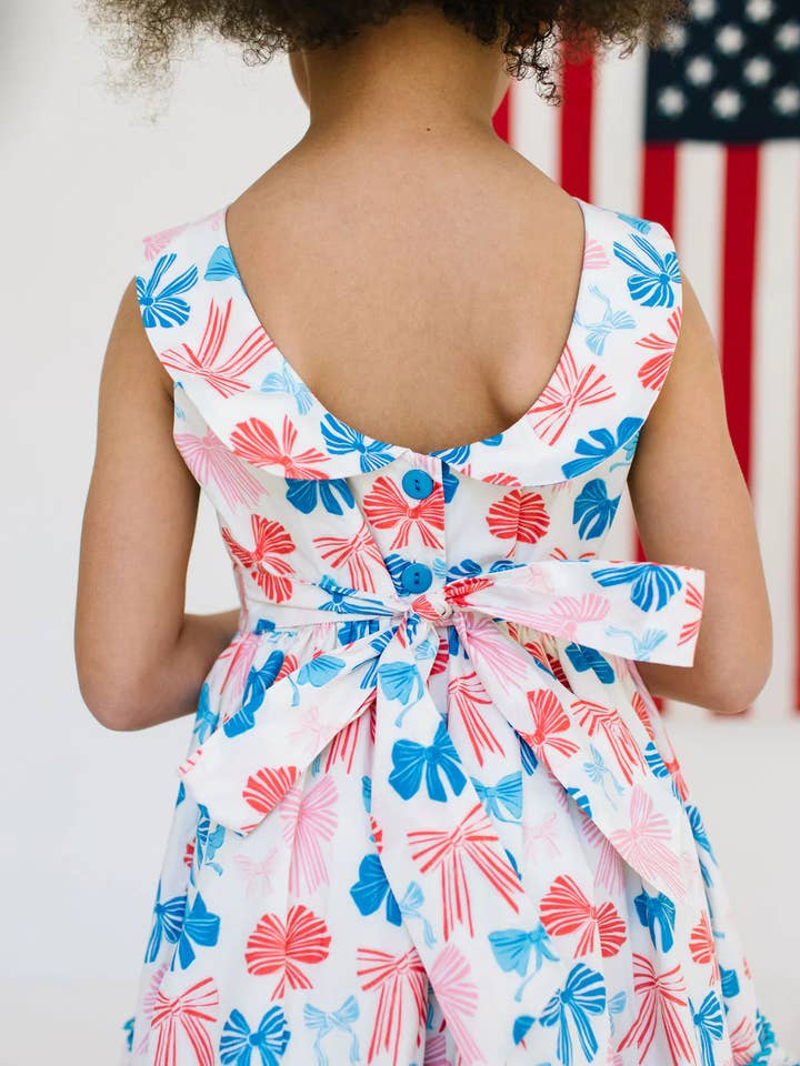 Lara Poplin Dress in Patriotic Bows | girls Fourth Of July Dress for wholesale by Ollie Jay