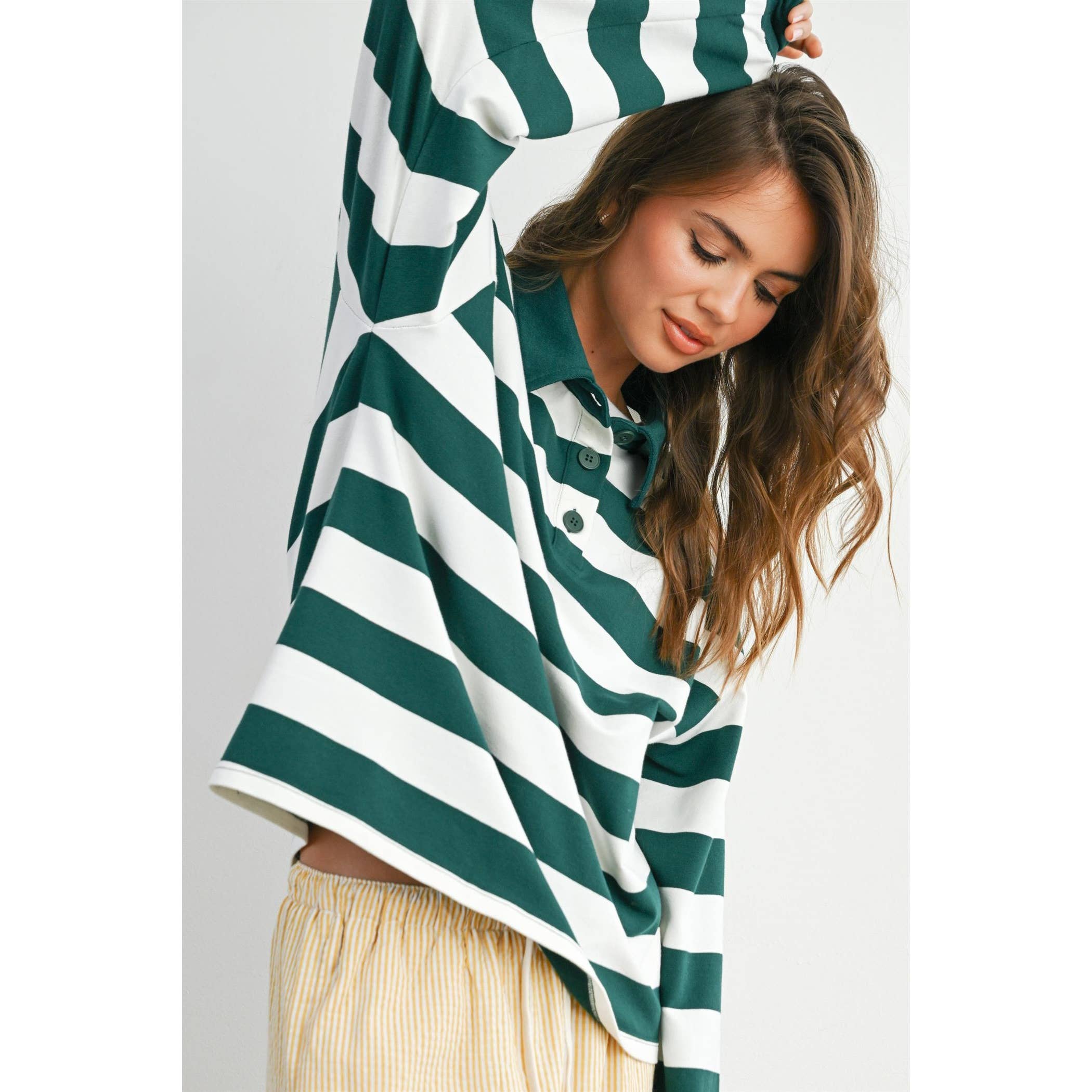 BUTTERMELON - Wholesale Sweatshirt - Women's - Striped Quarter-Buttoned Collared Sweatshirt - BMT807917