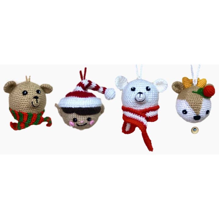 Crocheted Ornament Set "Elf, Fawn, Snowman, Bear" for wholesale by HDIF-USA